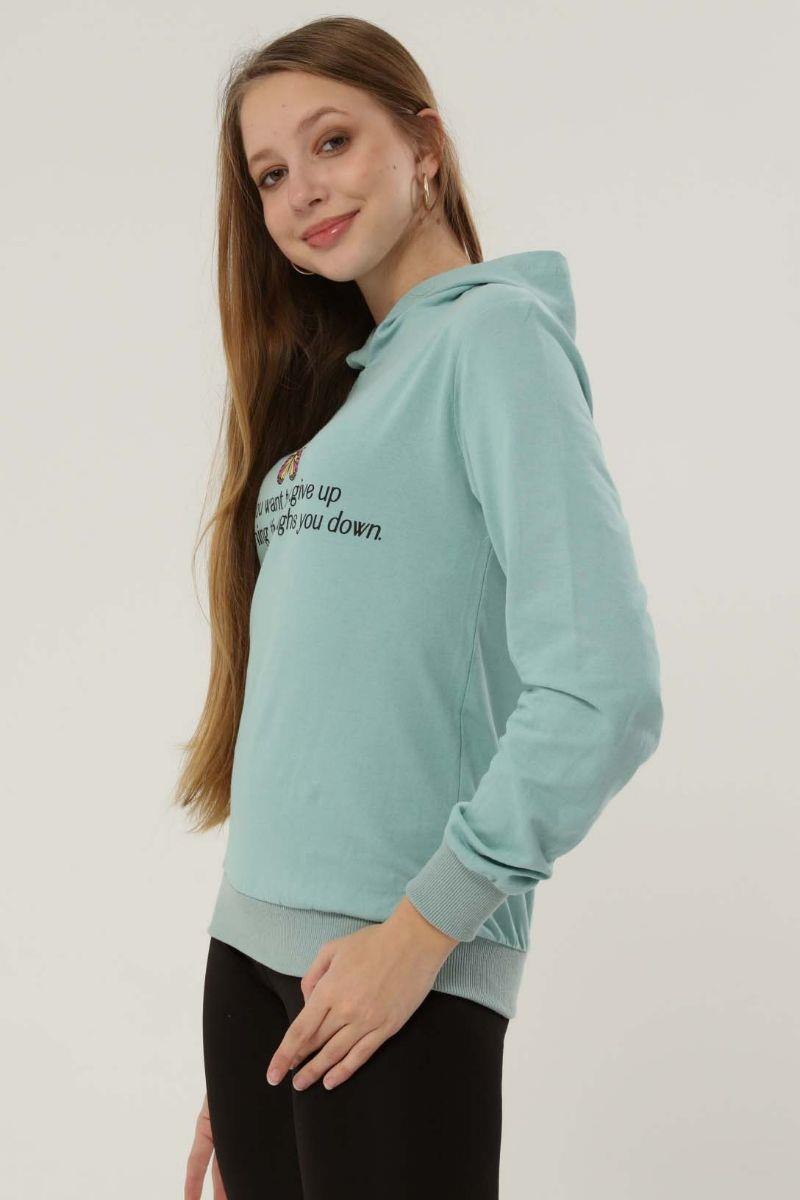 Sweatshirt Kadın Baskılı Kapüşonlu Sweatshirt Mint Yeşili