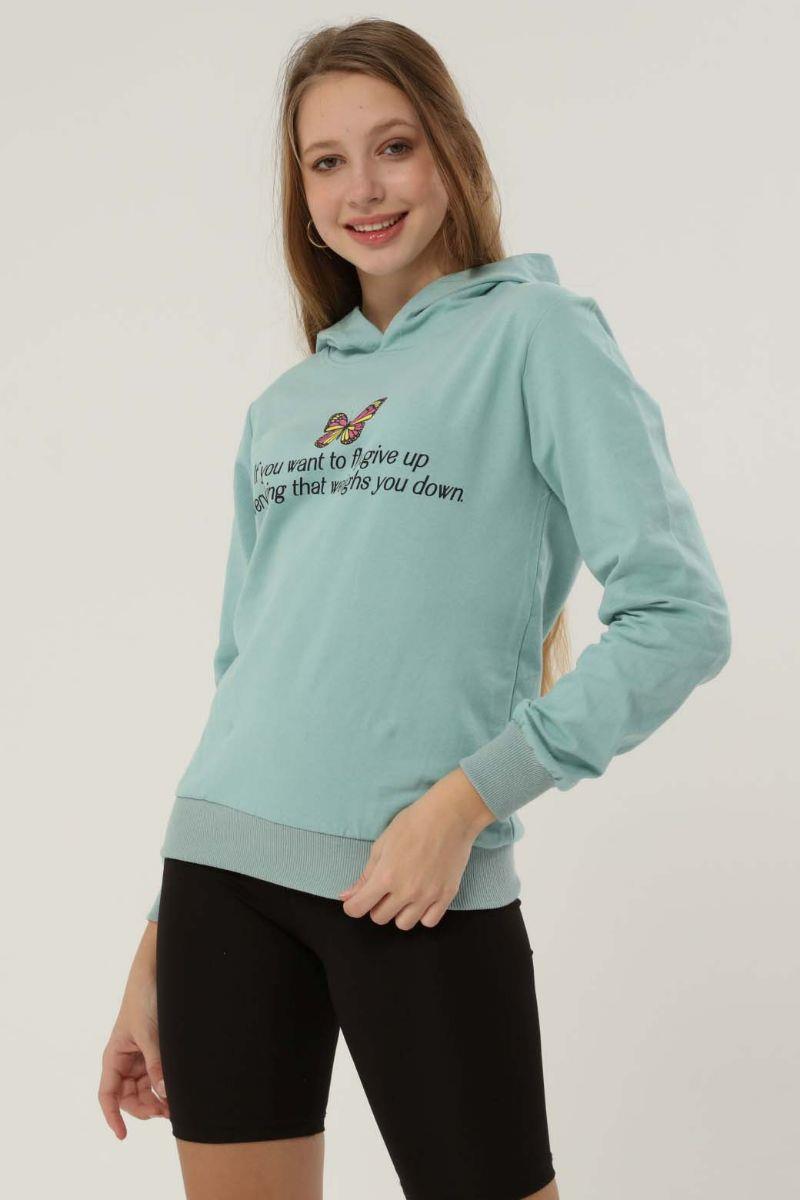 Sweatshirt Kadın Baskılı Kapüşonlu Sweatshirt Mint Yeşili