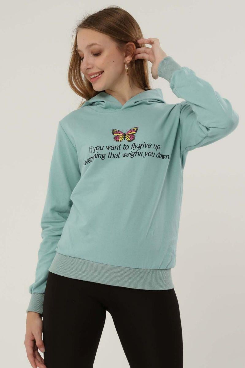 Sweatshirt Kadın Baskılı Kapüşonlu Sweatshirt Mint Yeşili
