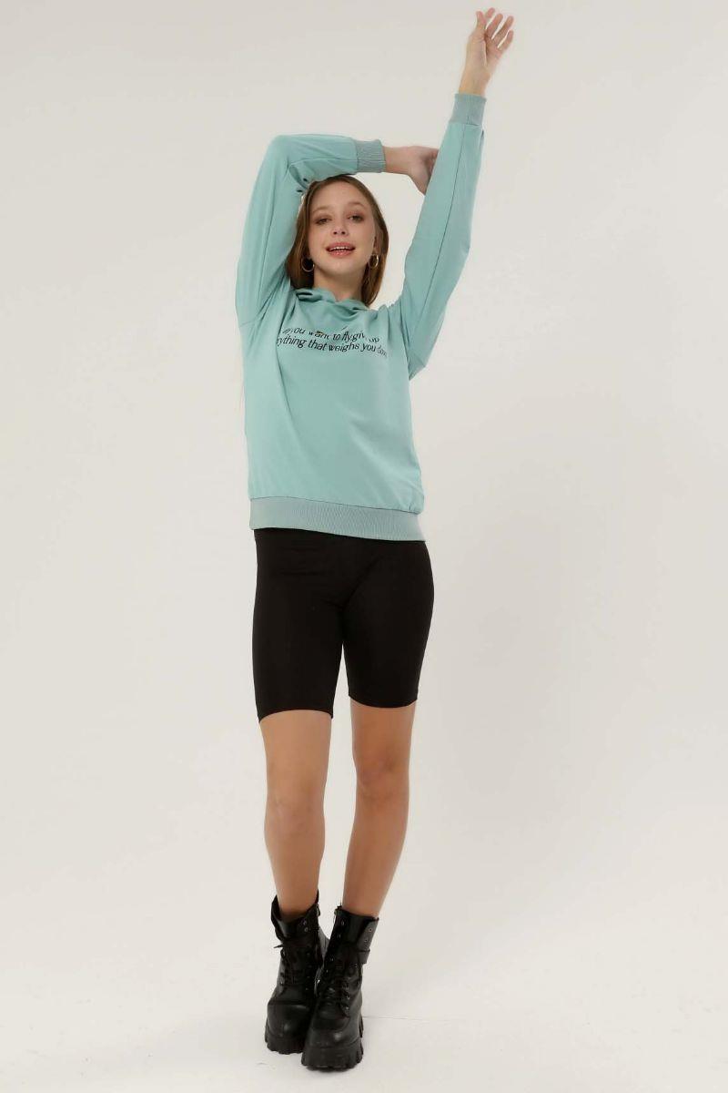 Sweatshirt Kadın Baskılı Kapüşonlu Sweatshirt Mint Yeşili