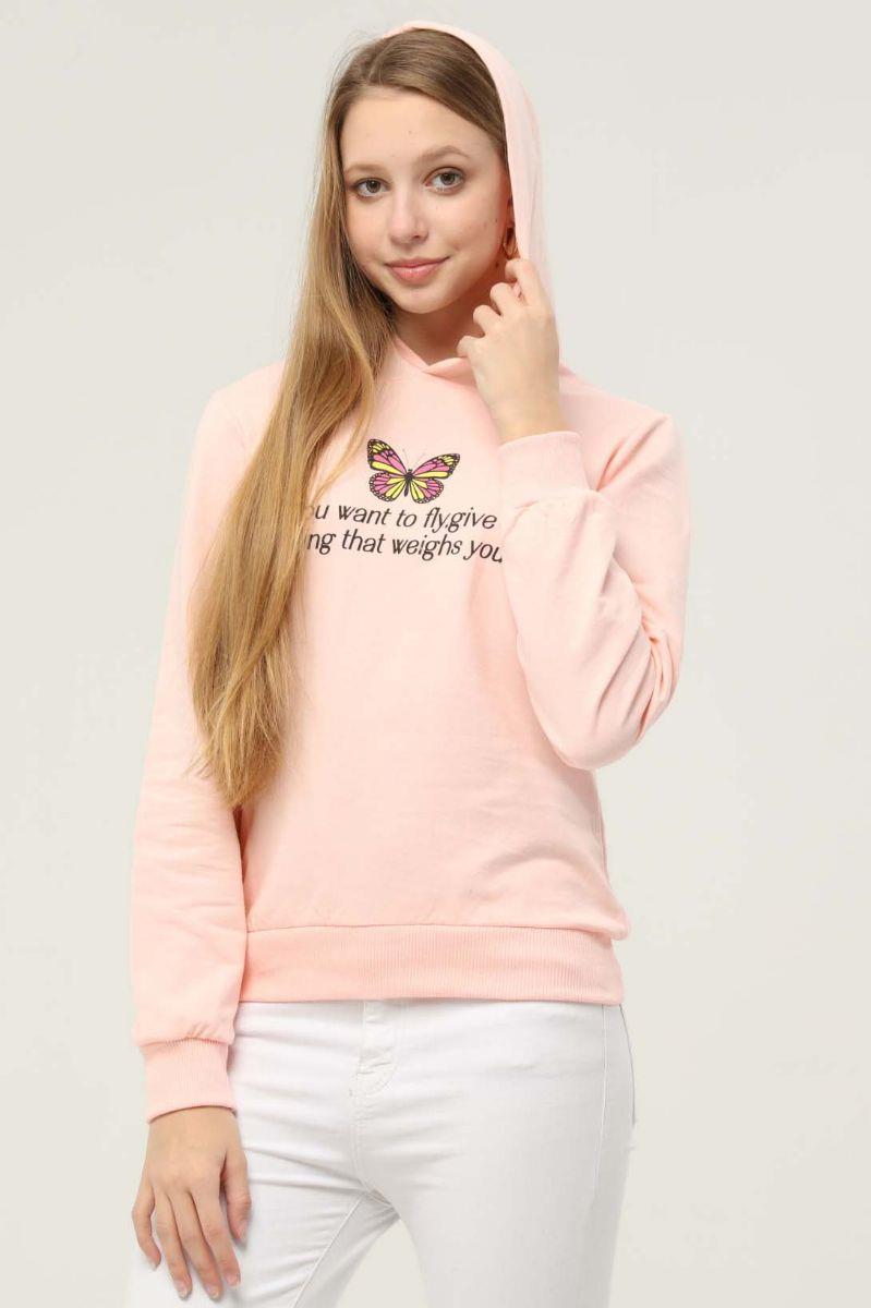 Sweatshirt Kadın Baskılı Kapüşonlu Sweatshirt Pudra