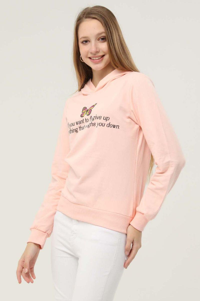 Sweatshirt Kadın Baskılı Kapüşonlu Sweatshirt Pudra