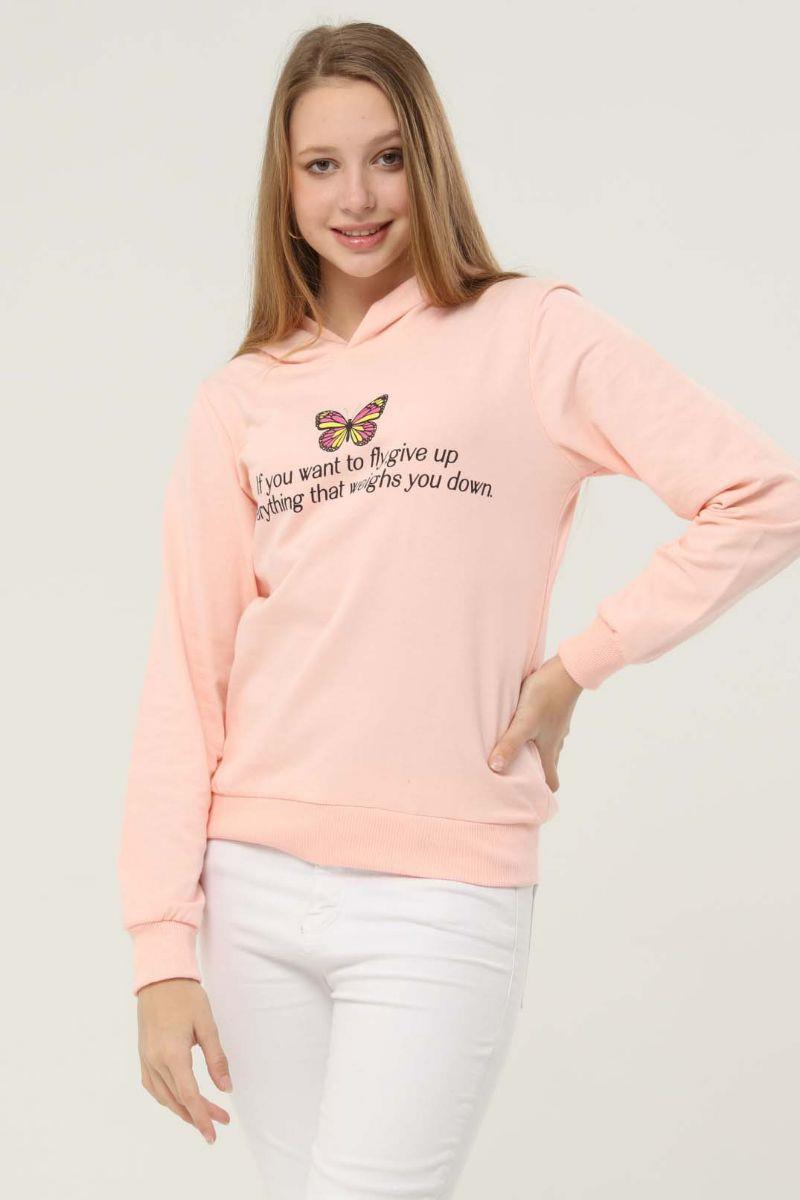 Sweatshirt Kadın Baskılı Kapüşonlu Sweatshirt Pudra
