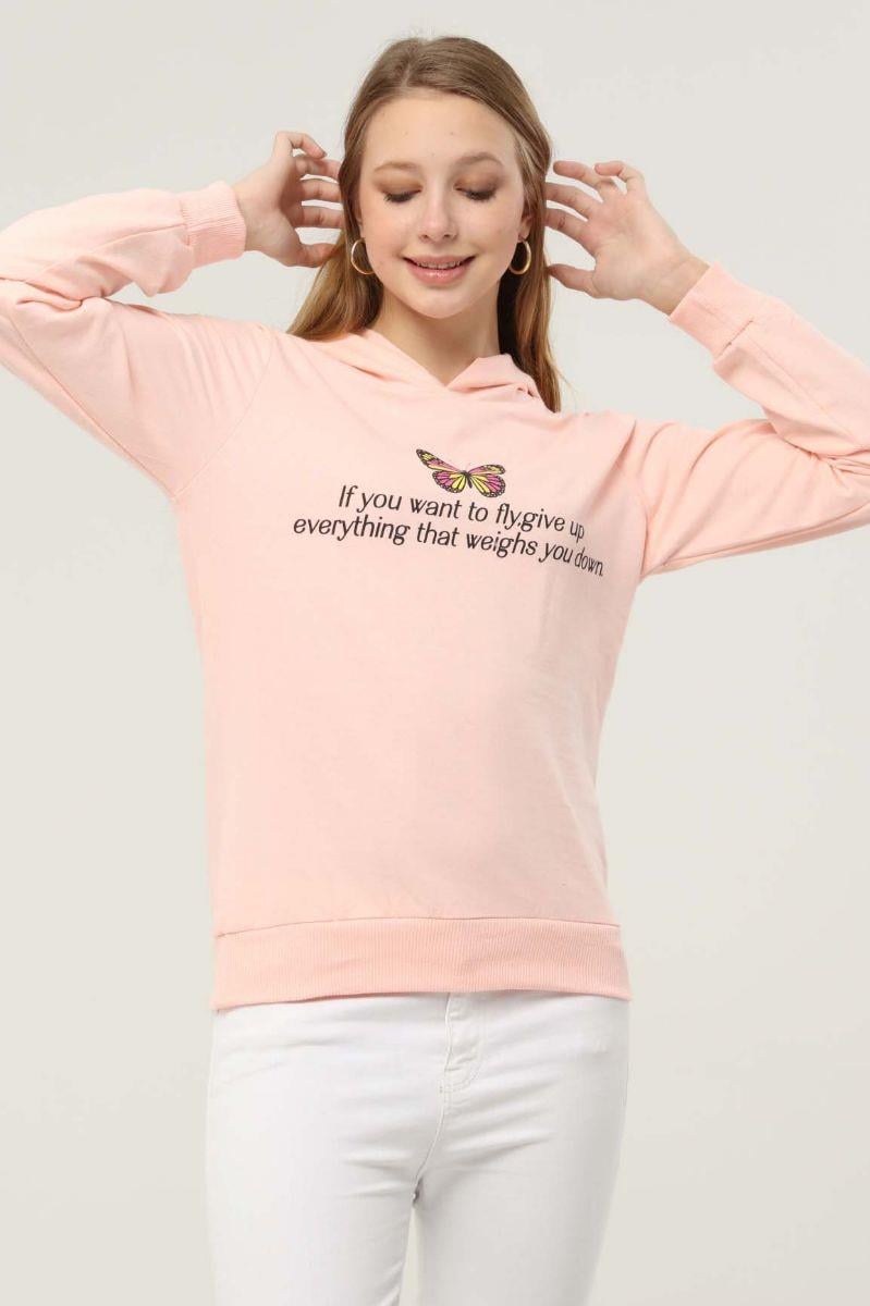 Sweatshirt Kadın Baskılı Kapüşonlu Sweatshirt Pudra