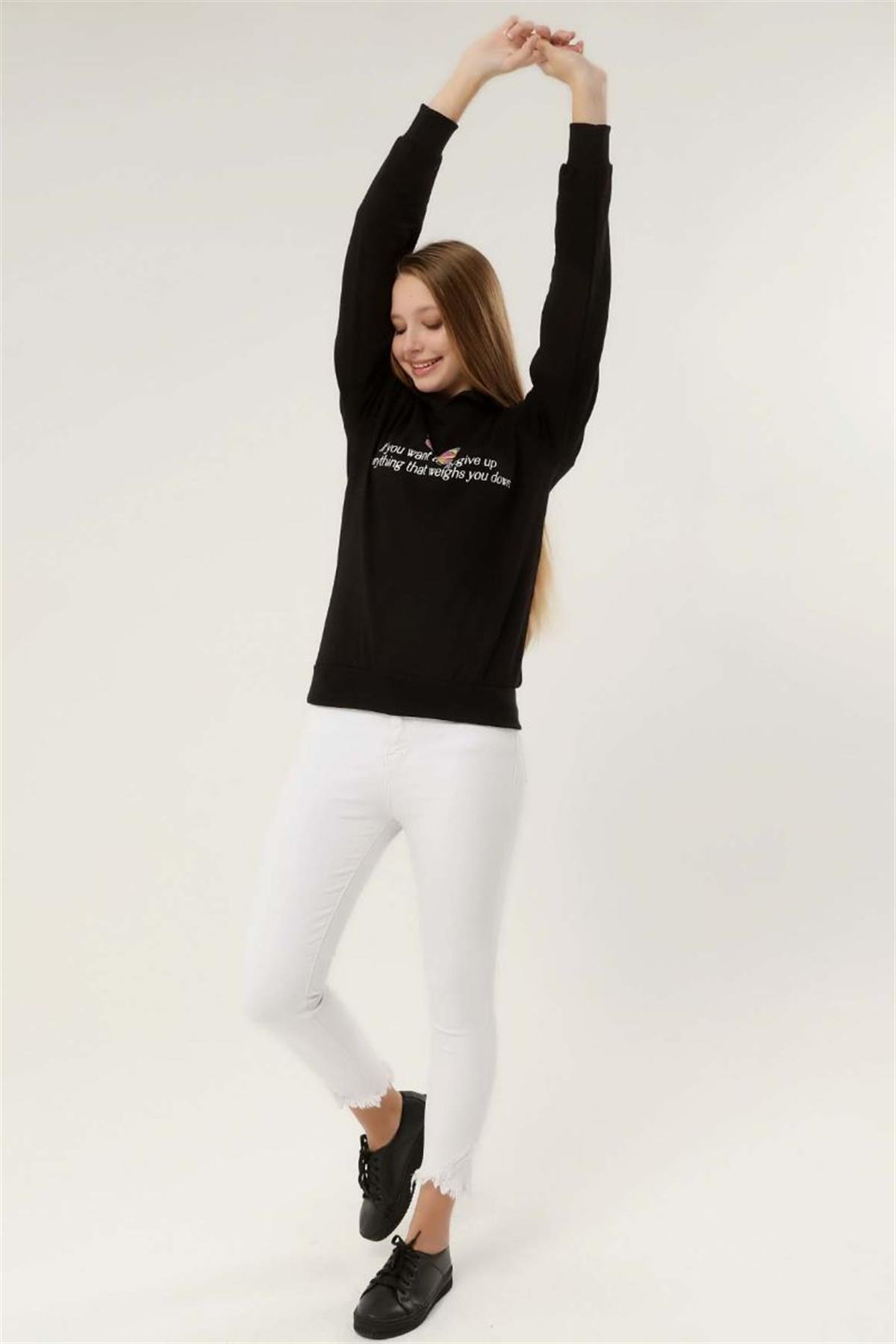 Sweatshirt Kadın Baskılı Kapüşonlu Sweatshirt Siyah