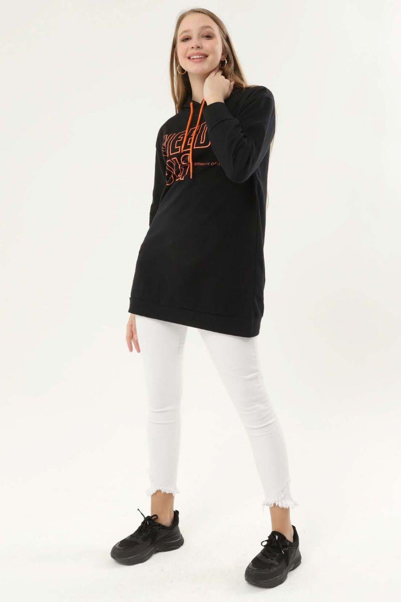 Sweatshirt Kadın Baskılı Kapüşonlu Sweatshirt Siyah