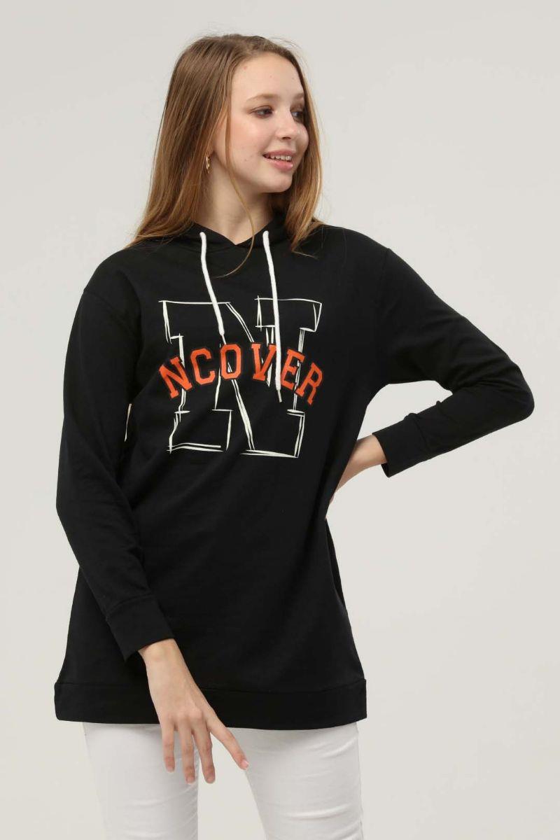 Sweatshirt Kadın Baskılı Kapüşonlu Sweatshirt Siyah
