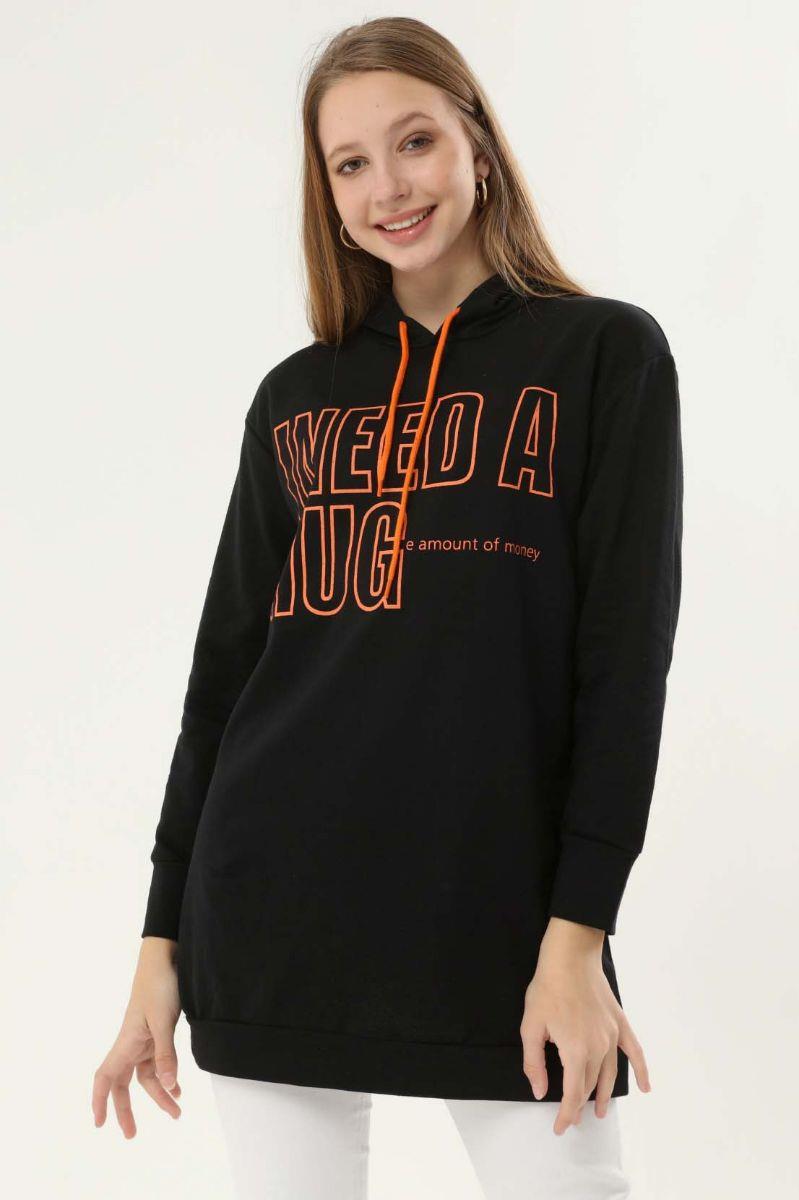 Sweatshirt Kadın Baskılı Kapüşonlu Sweatshirt Siyah