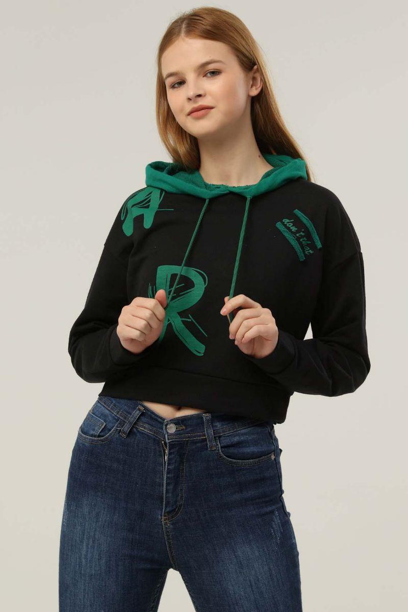 Sweatshirt Kadın Baskılı Kapüşonlu Sweatshirt Siyah