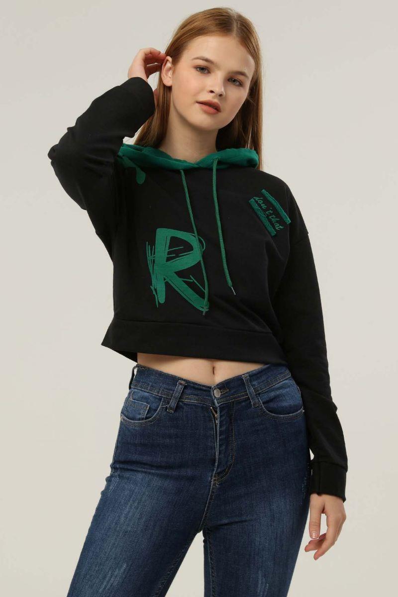 Sweatshirt Kadın Baskılı Kapüşonlu Sweatshirt Siyah