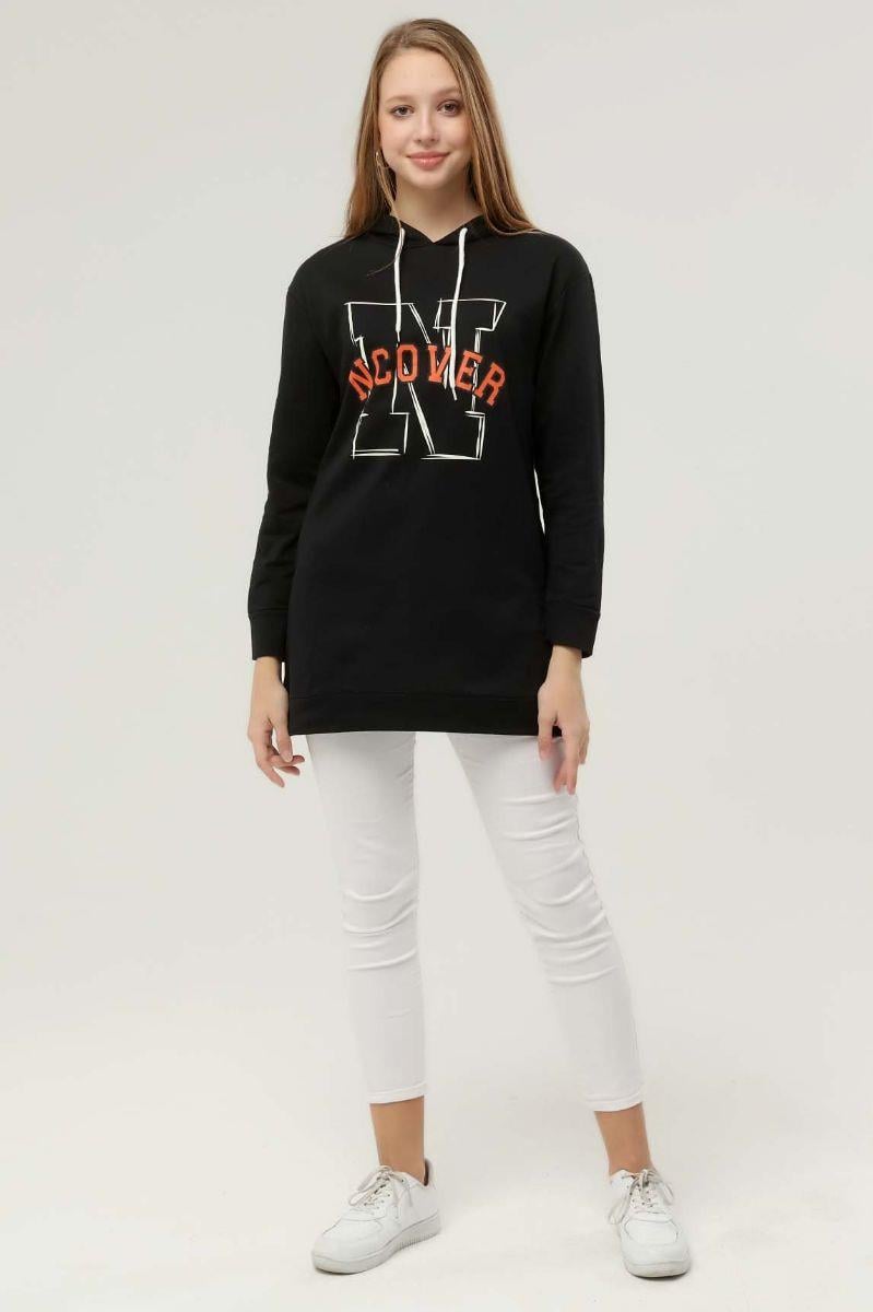 Sweatshirt Kadın Baskılı Kapüşonlu Sweatshirt Siyah
