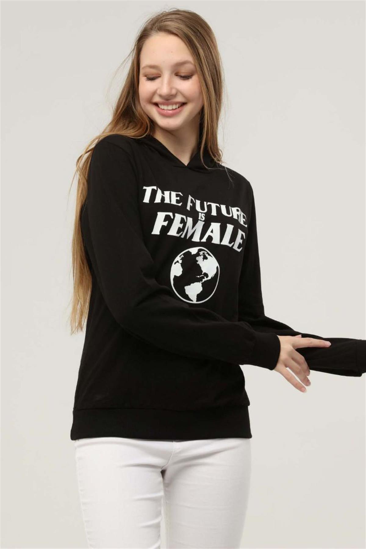 Sweatshirt Kadın Baskılı Kapüşonlu Sweatshirt Siyah