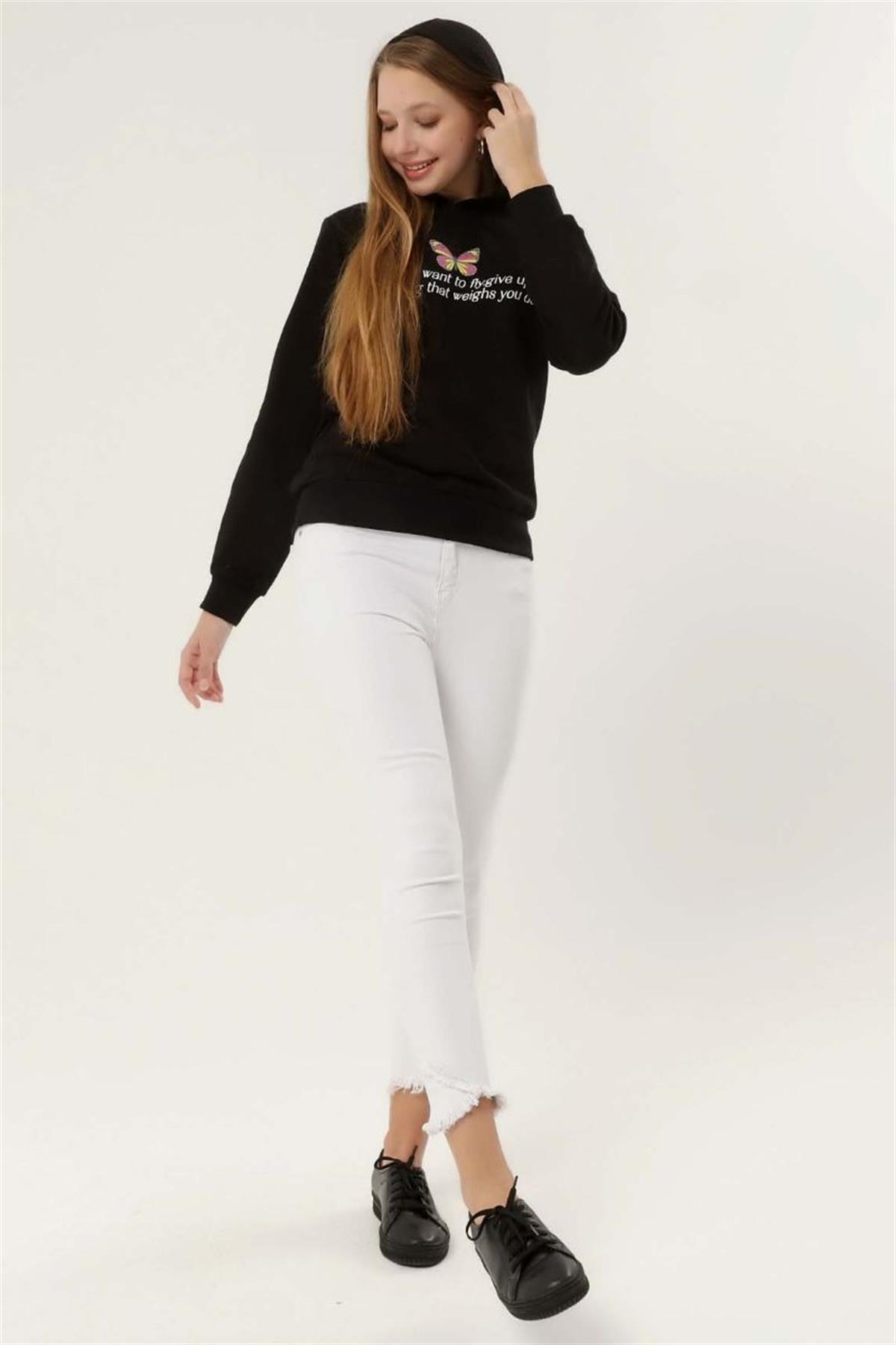 Sweatshirt Kadın Baskılı Kapüşonlu Sweatshirt Siyah