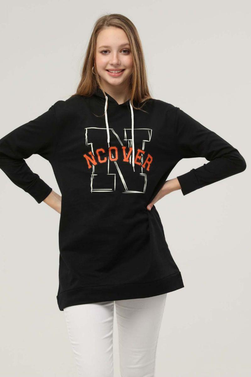 Sweatshirt Kadın Baskılı Kapüşonlu Sweatshirt Siyah