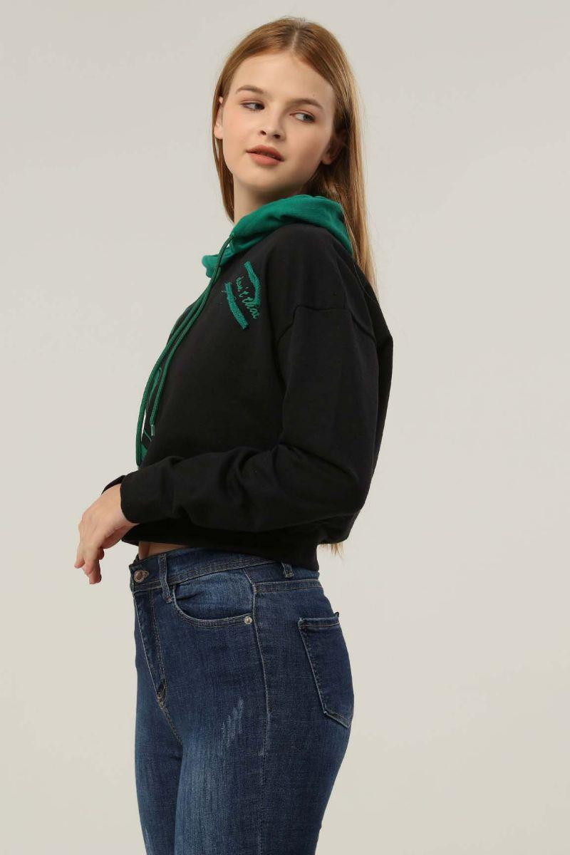 Sweatshirt Kadın Baskılı Kapüşonlu Sweatshirt Siyah