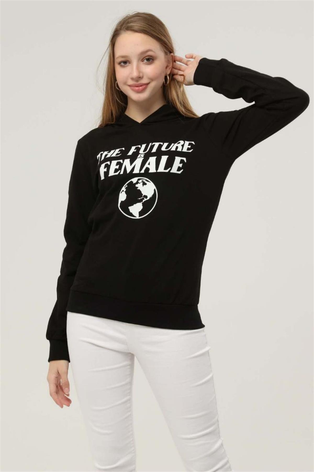 Sweatshirt Kadın Baskılı Kapüşonlu Sweatshirt Siyah