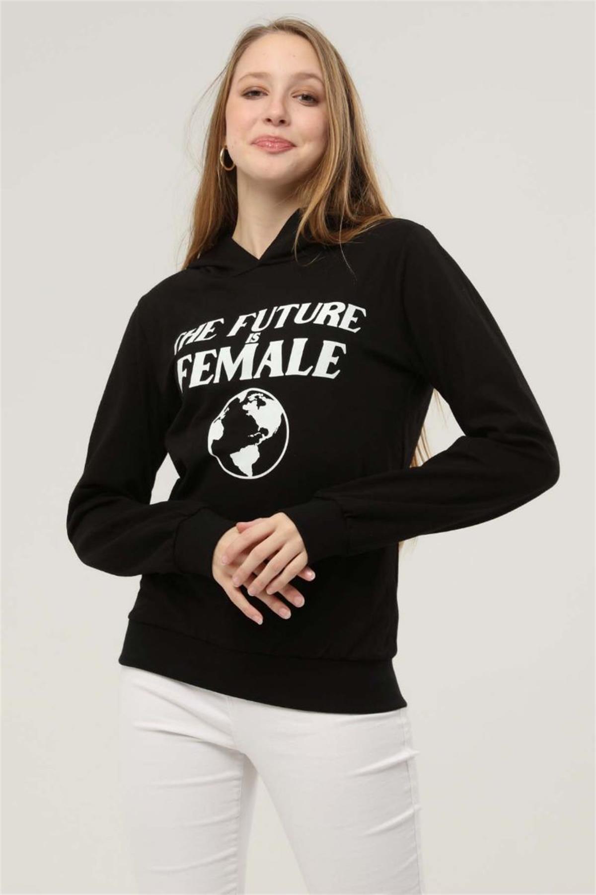 Sweatshirt Kadın Baskılı Kapüşonlu Sweatshirt Siyah