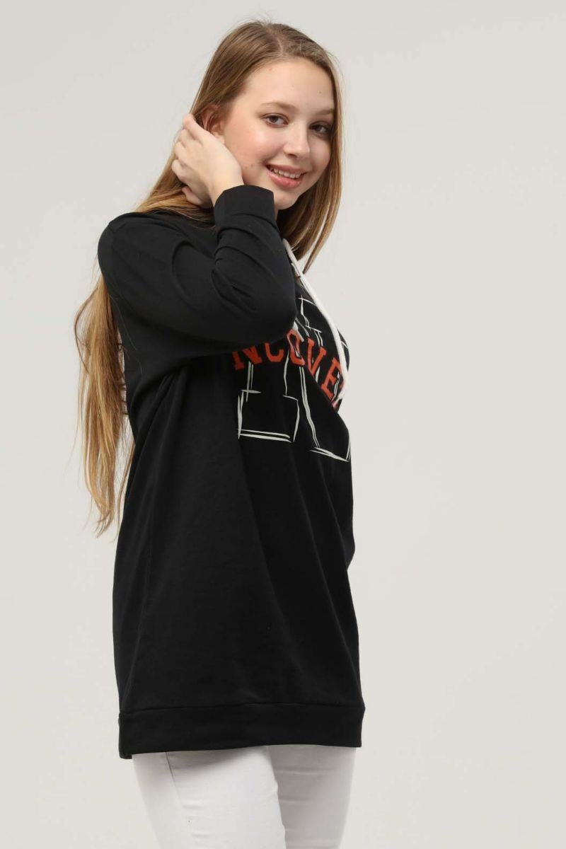 Sweatshirt Kadın Baskılı Kapüşonlu Sweatshirt Siyah