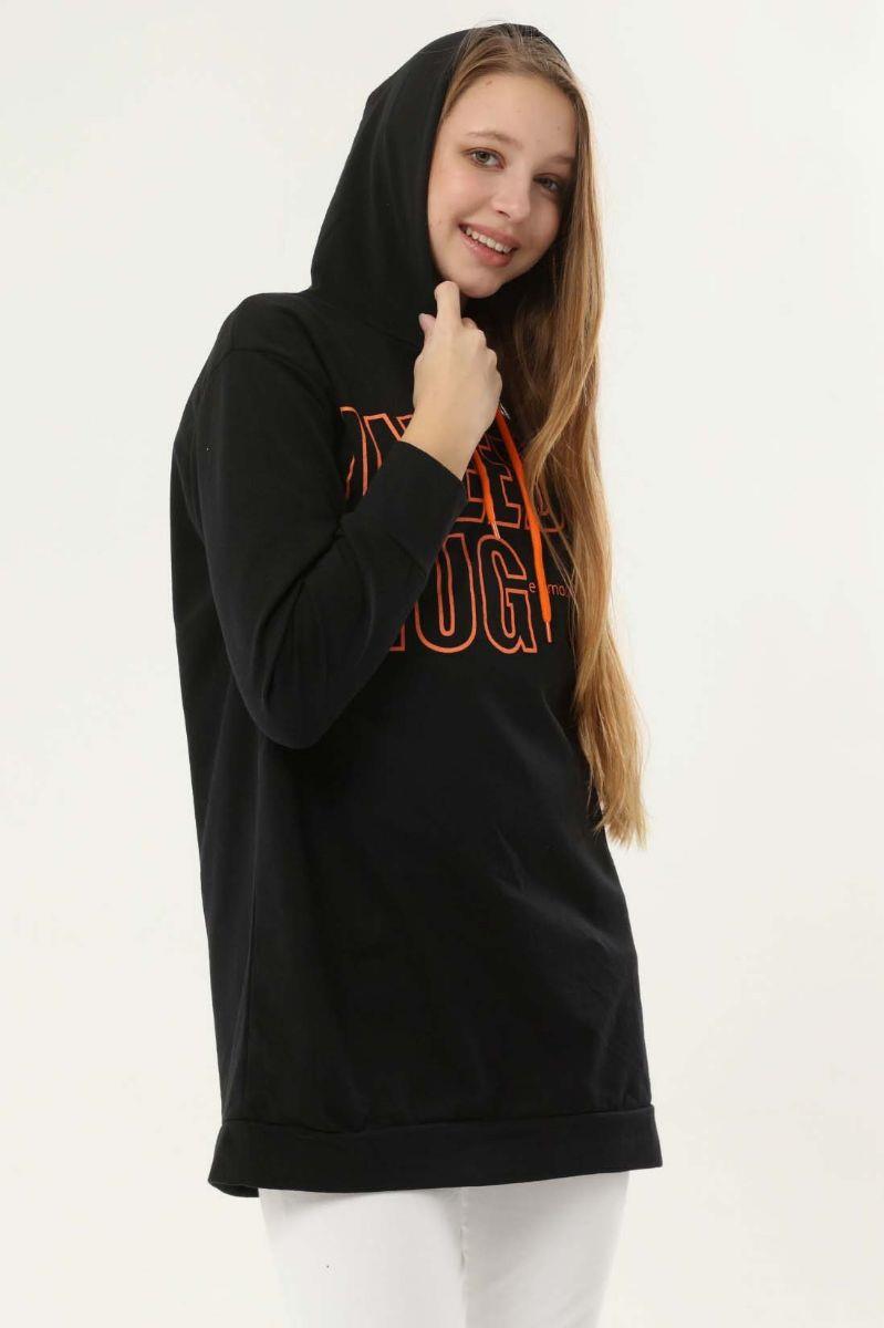 Sweatshirt Kadın Baskılı Kapüşonlu Sweatshirt Siyah