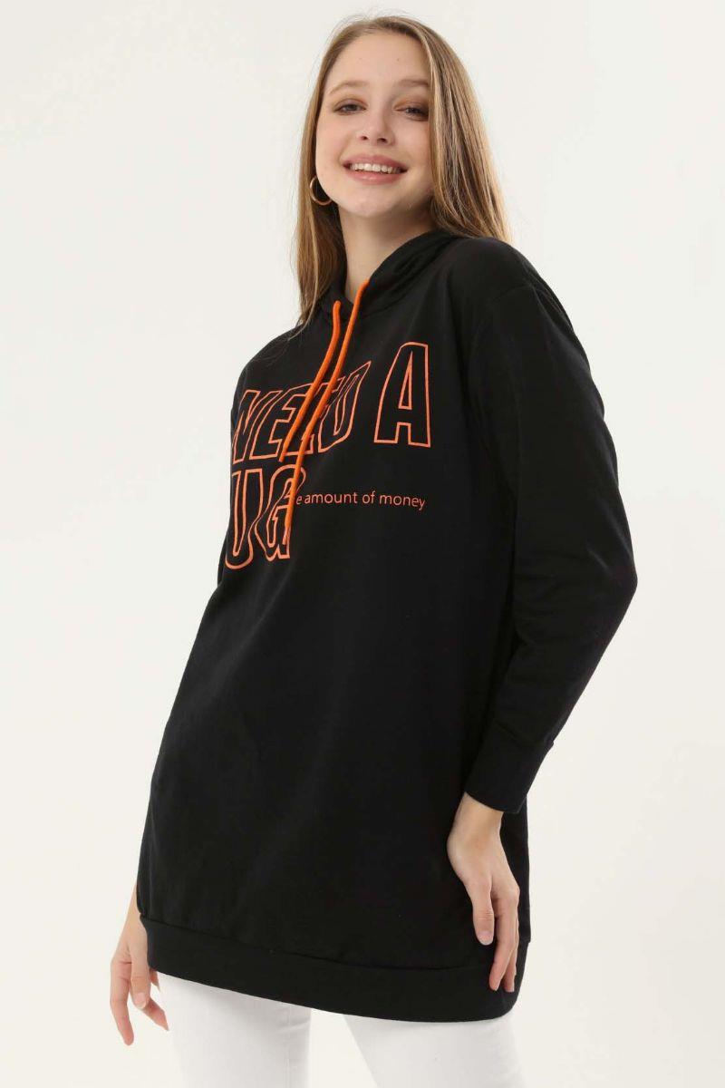 Sweatshirt Kadın Baskılı Kapüşonlu Sweatshirt Siyah