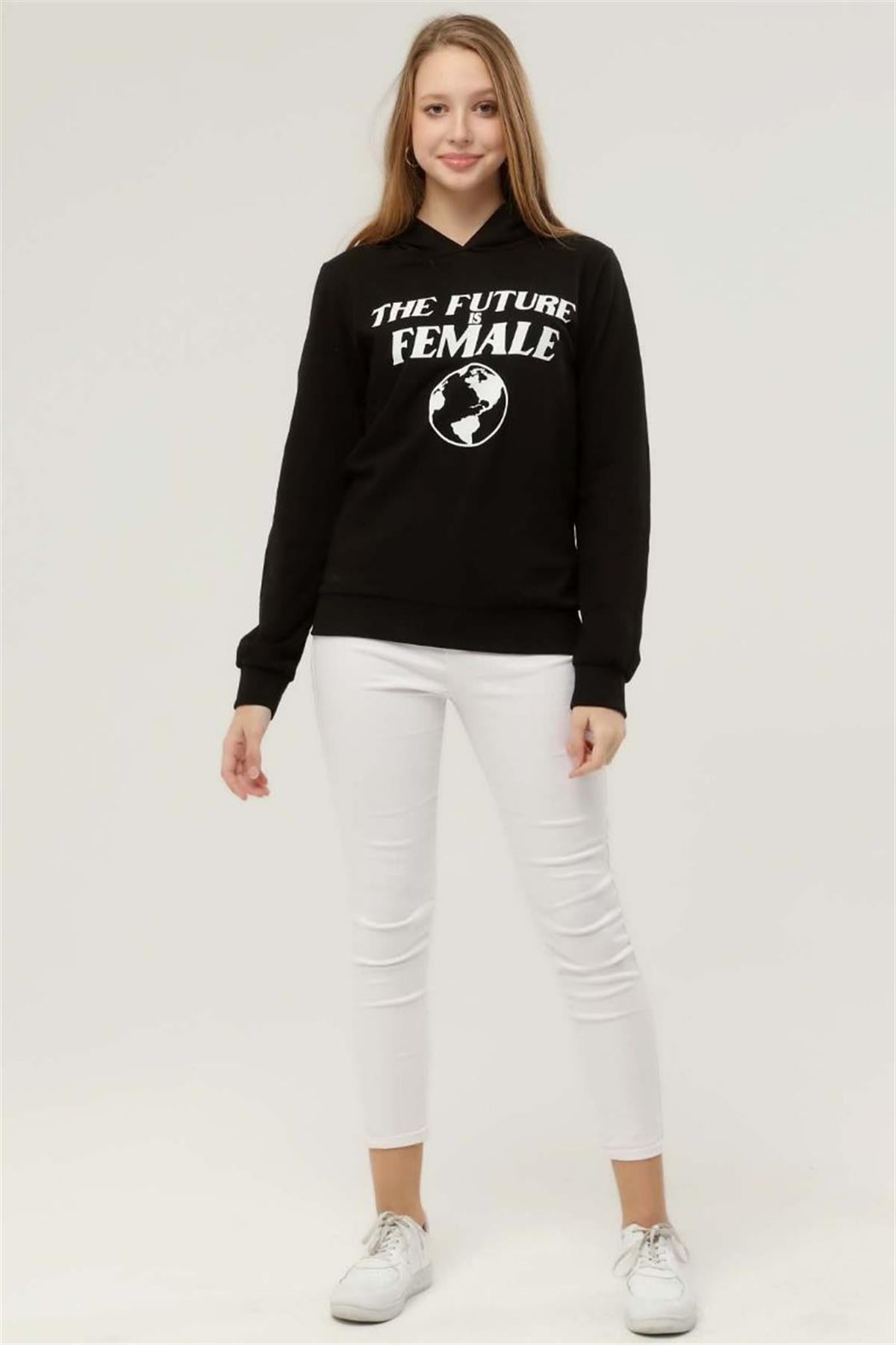 Sweatshirt Kadın Baskılı Kapüşonlu Sweatshirt Siyah