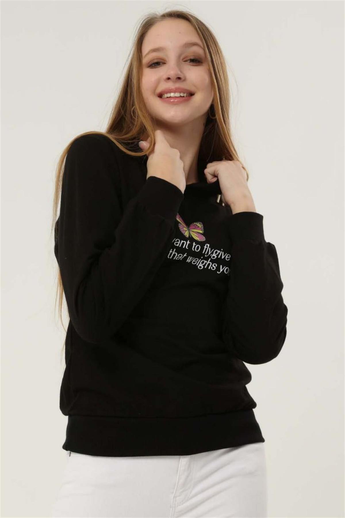Sweatshirt Kadın Baskılı Kapüşonlu Sweatshirt Siyah