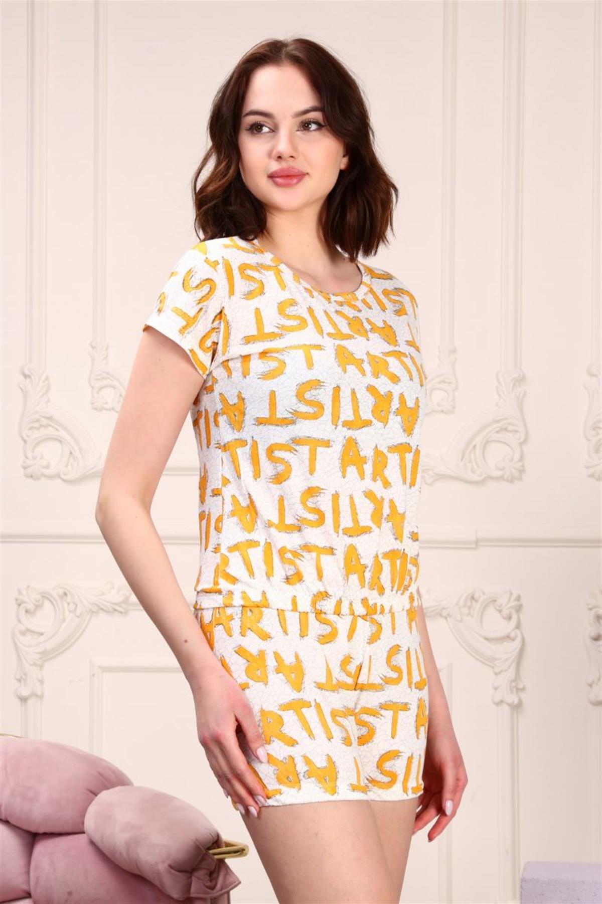 Pijama Takımı Kadın Baskılı Lastikli Kısa Şortlu Pijama Takımı Hardal