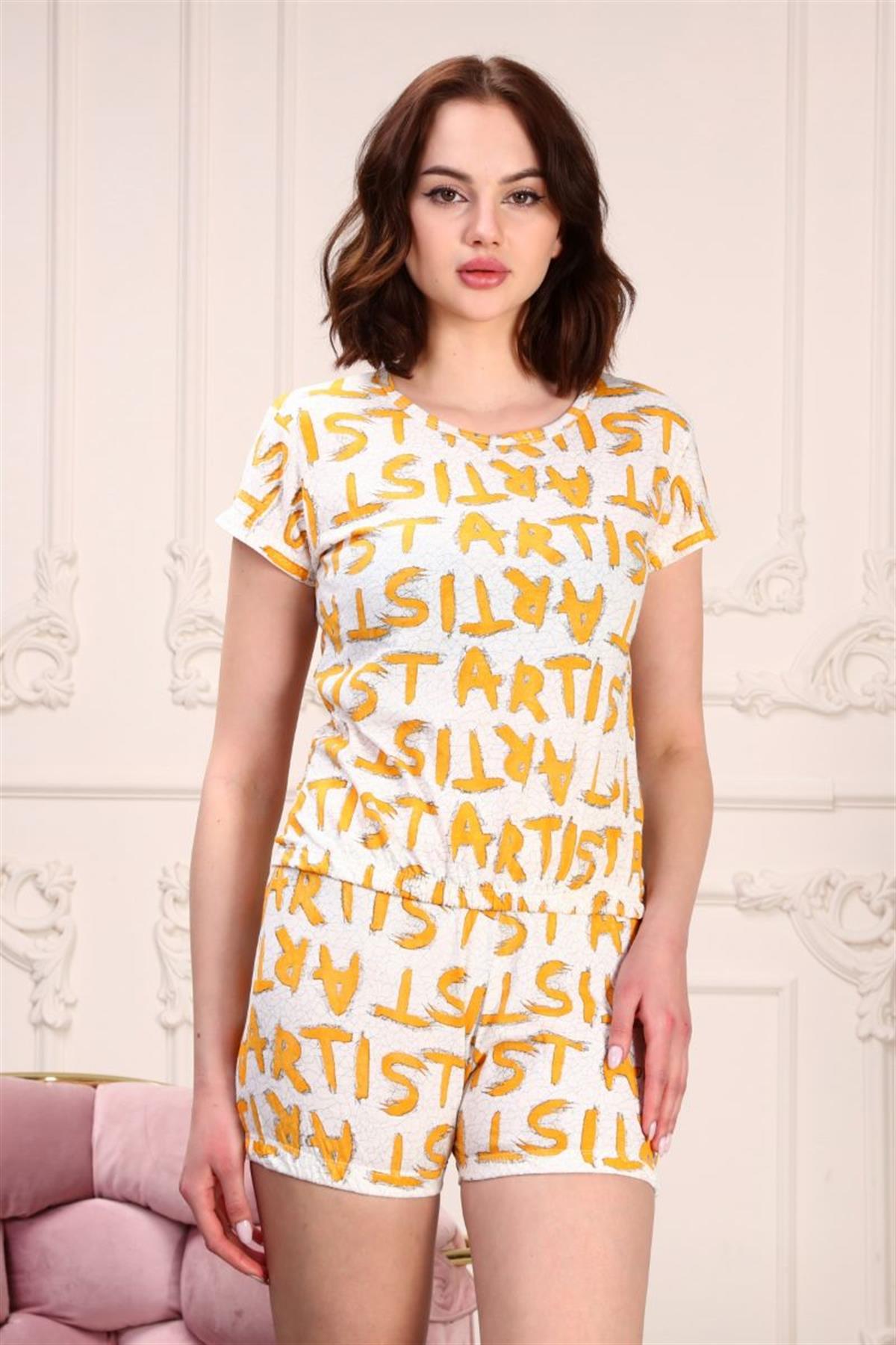 Pijama Takımı Kadın Baskılı Lastikli Kısa Şortlu Pijama Takımı Hardal