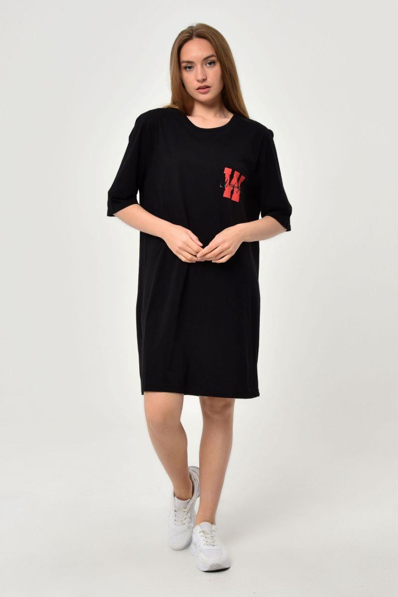 Tshirt Kadın Baskılı Oversize T-Shirt Siyah