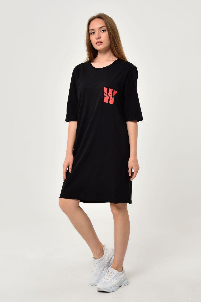 Tshirt Kadın Baskılı Oversize T-Shirt Siyah