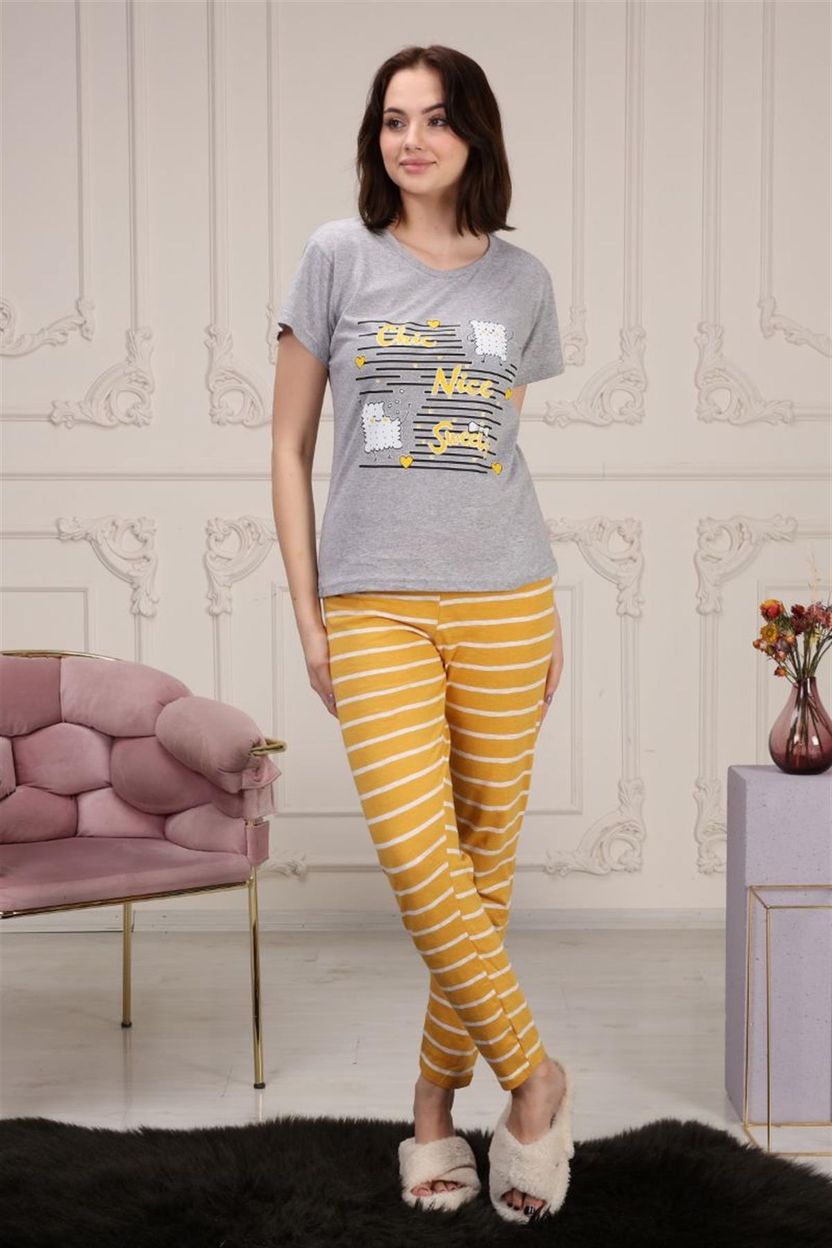 Pijama Takımı Kadın Baskılı Pijama Takımı Gri
