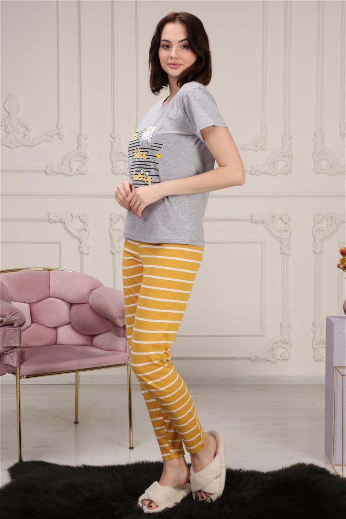Pijama Takımı Kadın Baskılı Pijama Takımı Gri