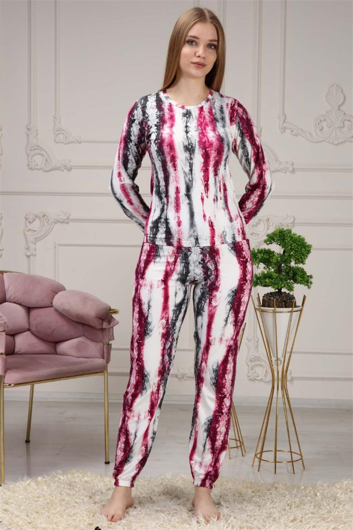 Pijama Takımı Kadın Batik Desen Beli Lastikli Eşofman Takımı Fuşya