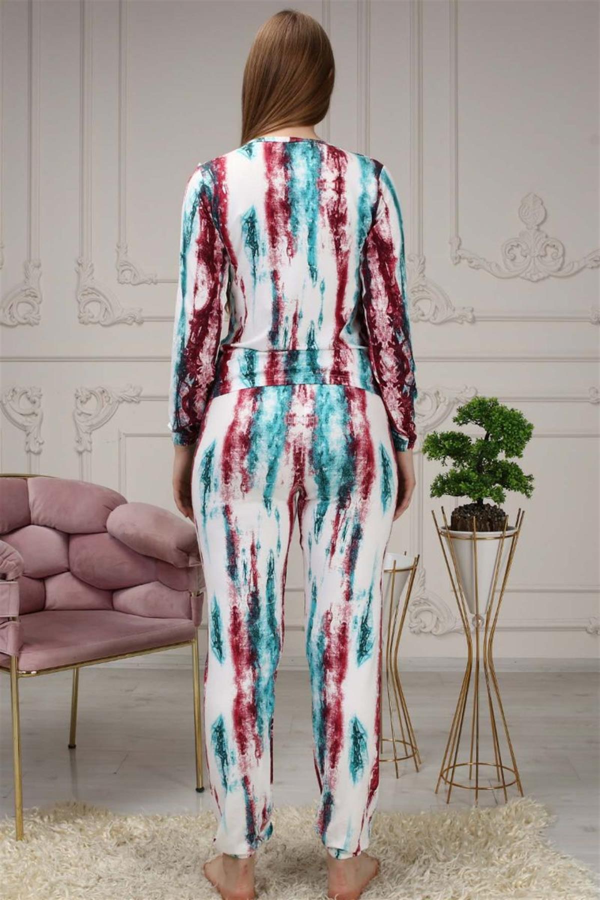 Pijama Takımı Kadın Batik Desen Beli Lastikli Eşofman Takımı Kırmızı