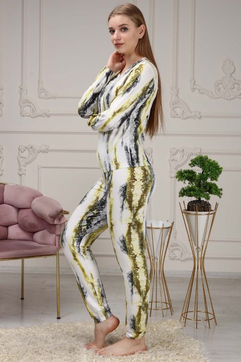 Pijama Takımı Kadın Batik Desen Beli Lastikli Eşofman Takımı Sarı