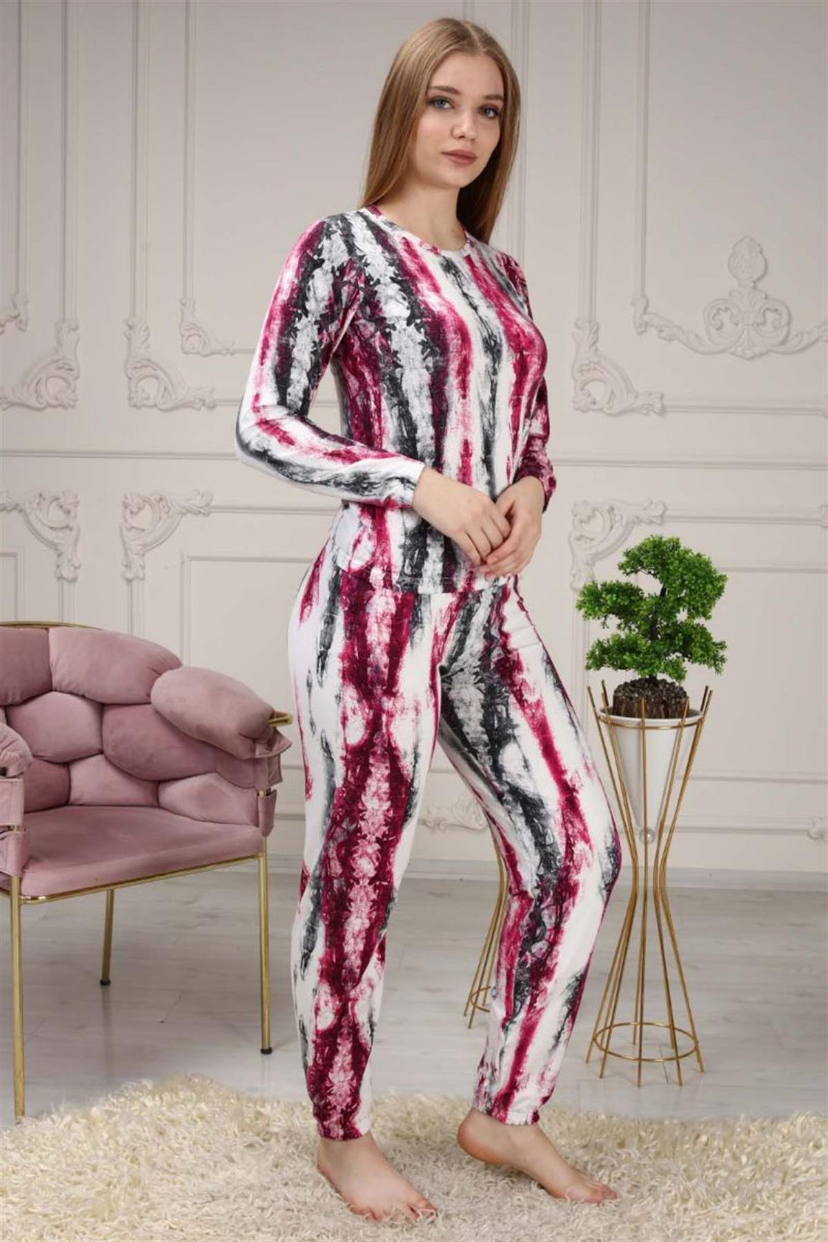 Pijama Takımı Kadın Batik Desen Beli Lastikli Eşofman Takımı Fuşya