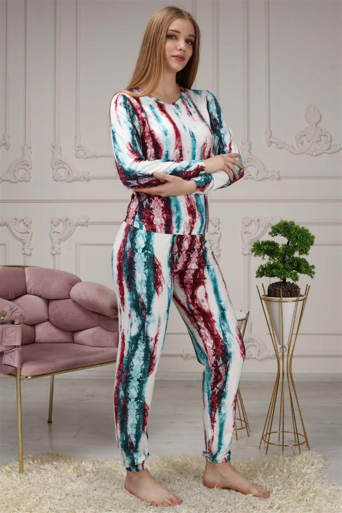 Pijama Takımı Kadın Batik Desen Beli Lastikli Eşofman Takımı Kırmızı