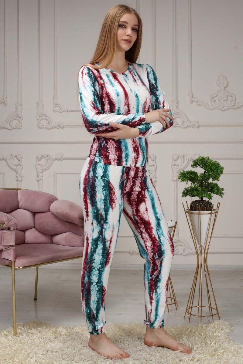 Pijama Takımı Kadın Batik Desen Beli Lastikli Eşofman Takımı Kırmızı