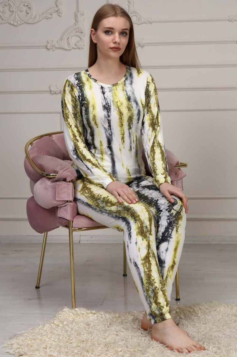 Pijama Takımı Kadın Batik Desen Beli Lastikli Eşofman Takımı Sarı