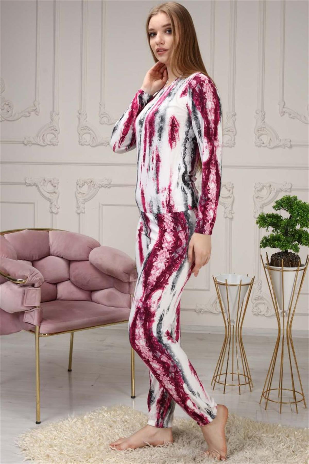 Pijama Takımı Kadın Batik Desen Beli Lastikli Eşofman Takımı Fuşya