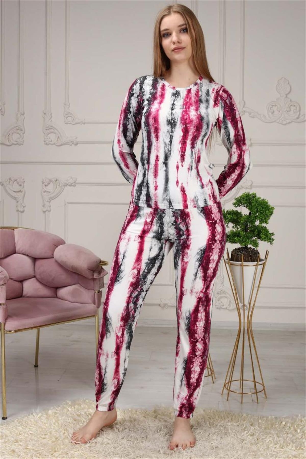 Pijama Takımı Kadın Batik Desen Beli Lastikli Eşofman Takımı Fuşya