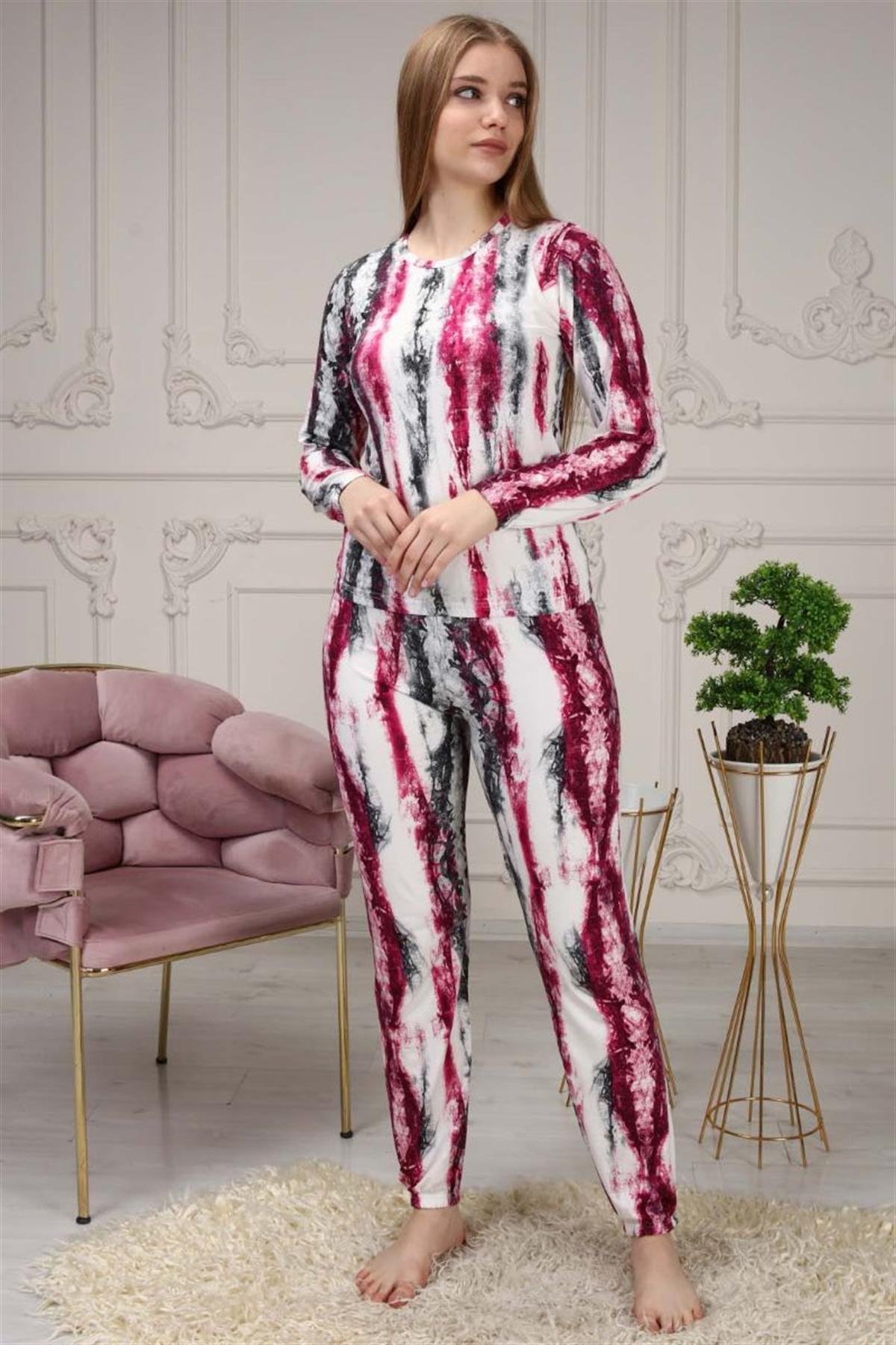 Pijama Takımı Kadın Batik Desen Beli Lastikli Eşofman Takımı Fuşya