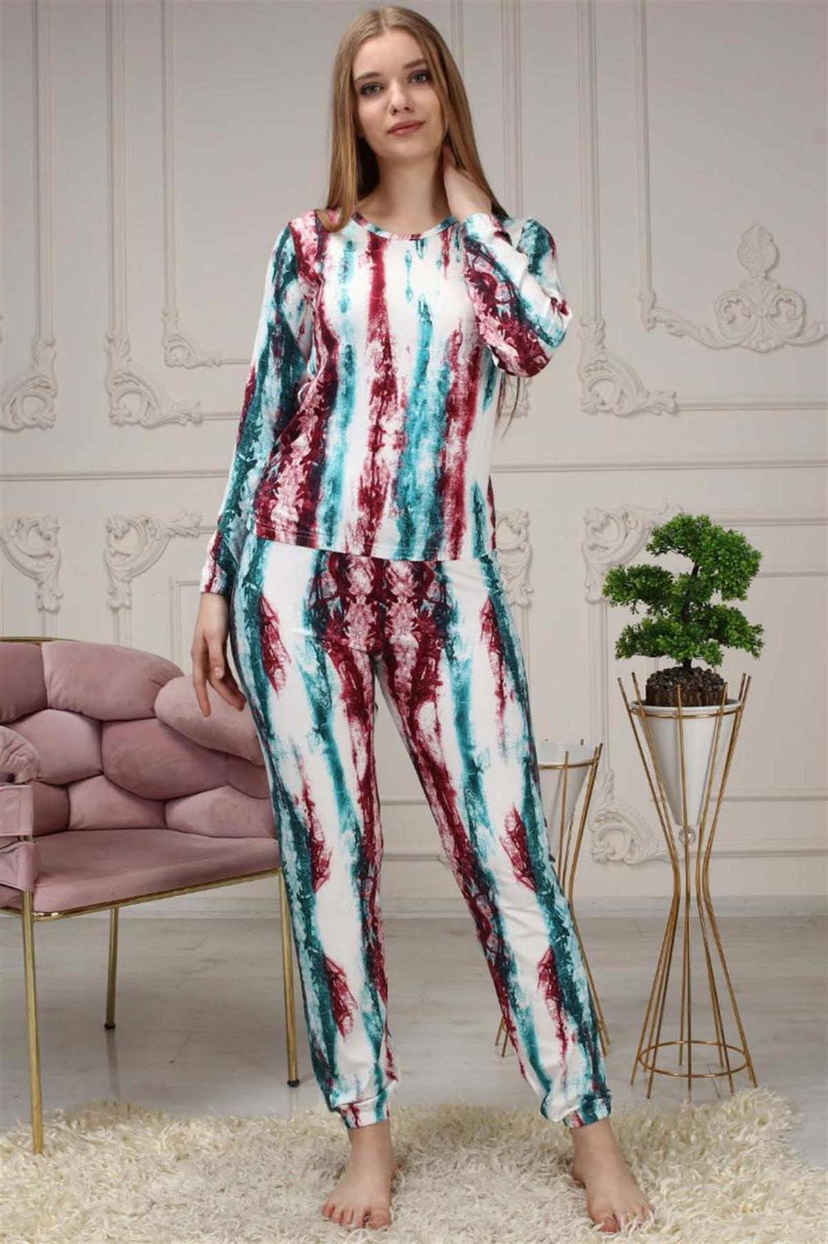 Pijama Takımı Kadın Batik Desen Beli Lastikli Eşofman Takımı Kırmızı