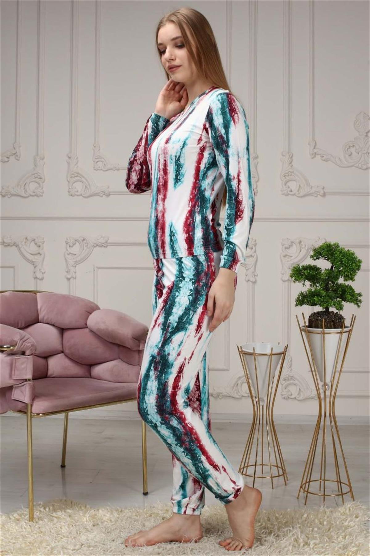 Pijama Takımı Kadın Batik Desen Beli Lastikli Eşofman Takımı Kırmızı