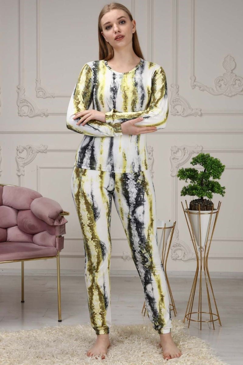 Pijama Takımı Kadın Batik Desen Beli Lastikli Eşofman Takımı Sarı
