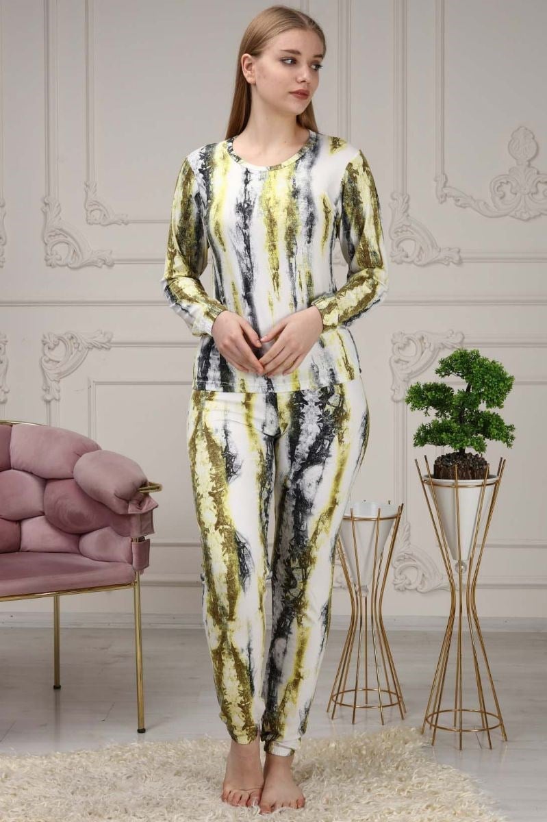 Pijama Takımı Kadın Batik Desen Beli Lastikli Eşofman Takımı Sarı