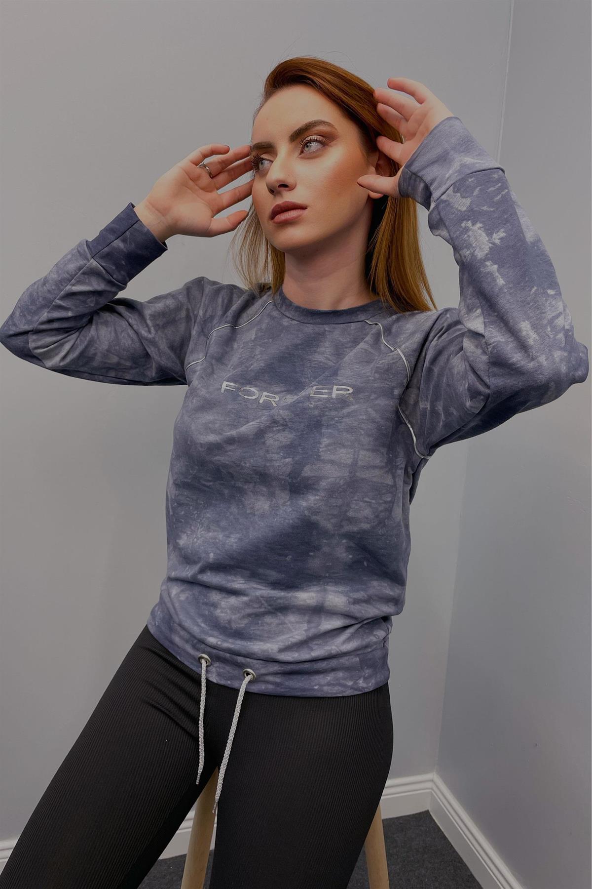 Sweatshirt Kadın Batik Desen Sweatshirt Mavi
