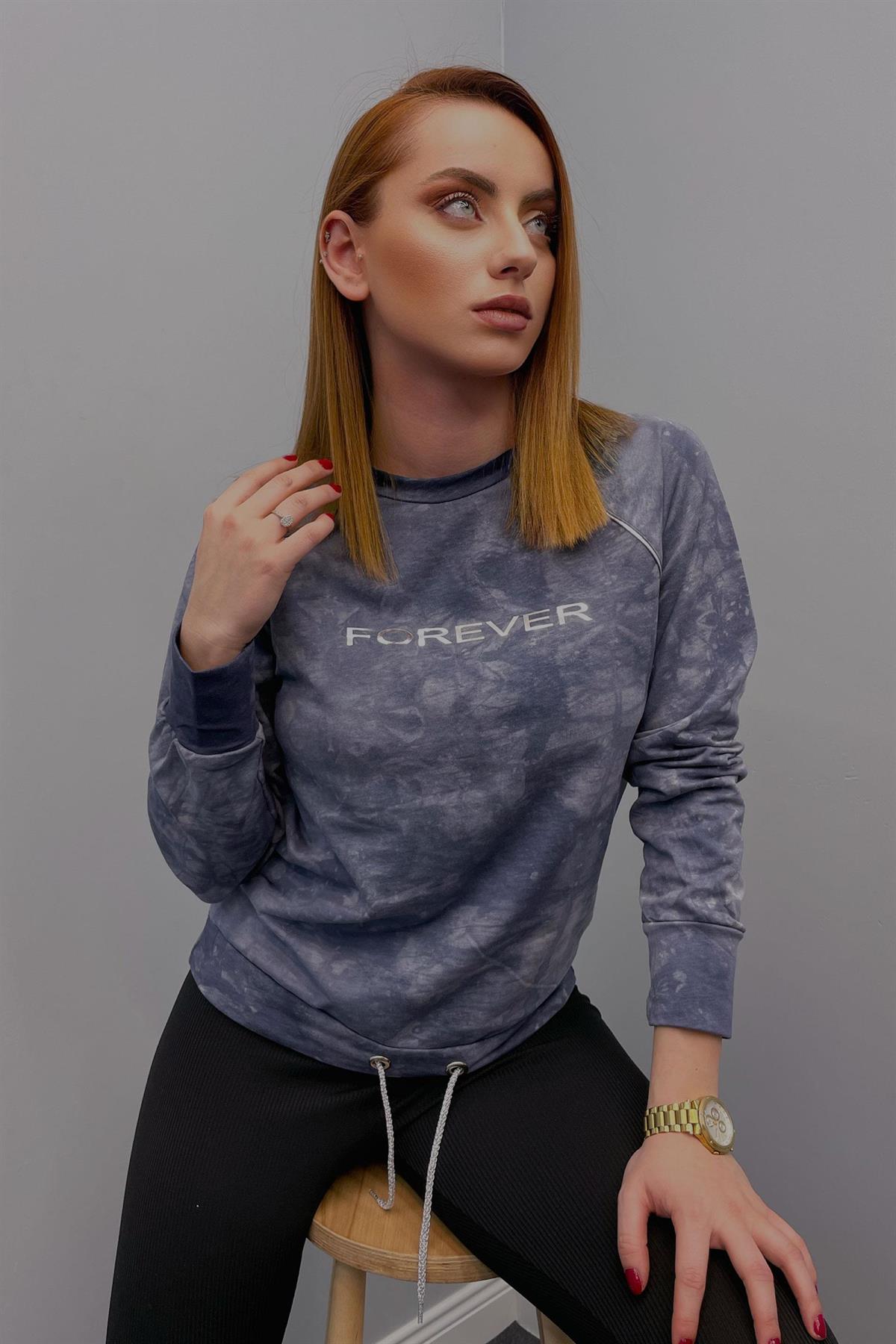 Sweatshirt Kadın Batik Desen Sweatshirt Mavi
