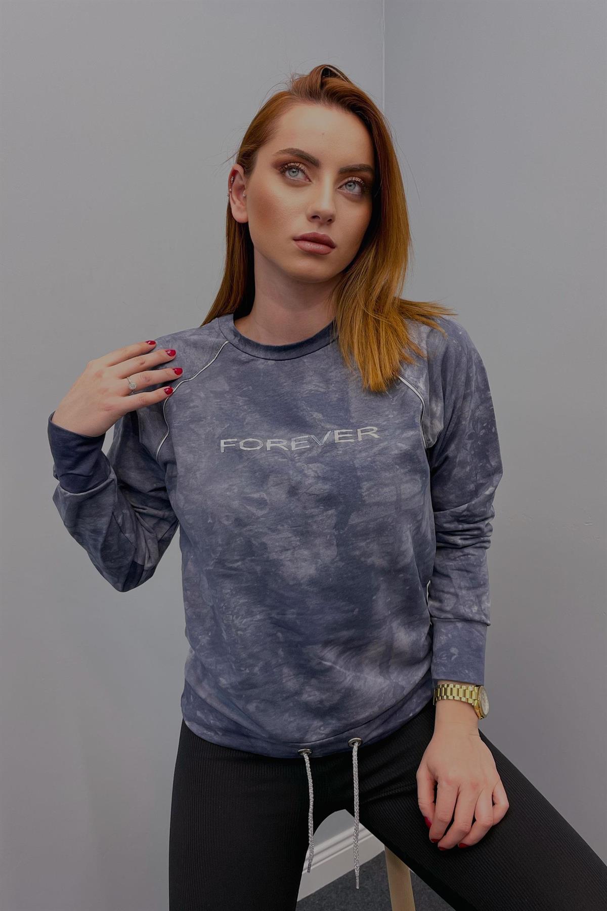 Sweatshirt Kadın Batik Desen Sweatshirt Mavi