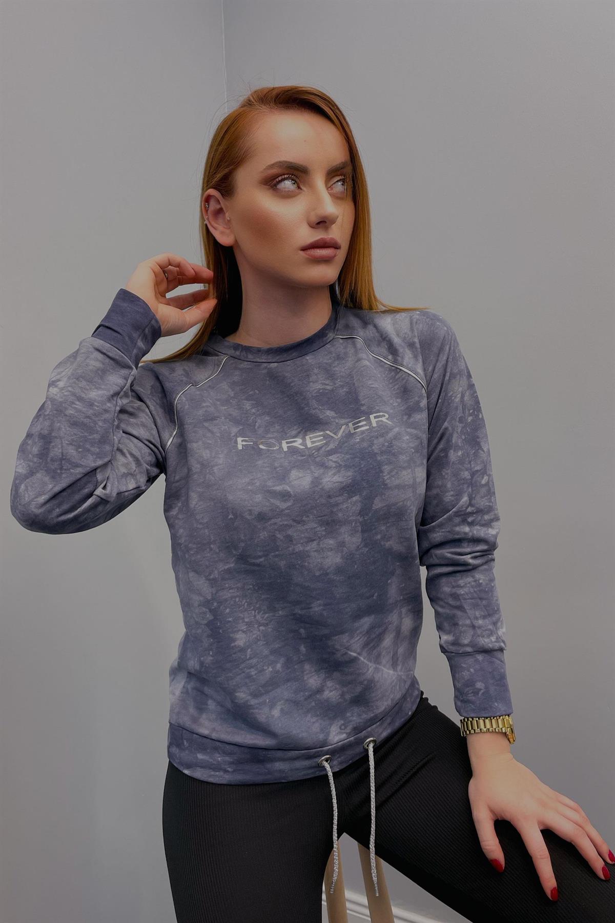 Sweatshirt Kadın Batik Desen Sweatshirt Mavi